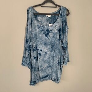 NEW Suzanne Betro Blue Tie Dye Cold Shoulder Tunic Top Plus Size 4X